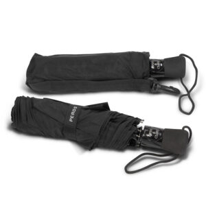 Custom rain umbrellas: two folded black designs with wrist straps on a gray backdrop.