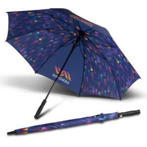 Custom beach umbrellas with colorful patterns, black handles, and vivid blue shades.