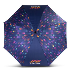 Stand out with a colorful, geometric-patterned umbrella featuring Genomix.