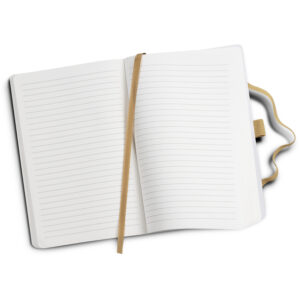 Open lined notebook with beige bookmark, perfect for Aussie professionals staying organised.