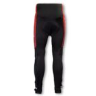 Rear view of black cycling tights with red side panels and padding. The tights have a high waistband and full-length legs, shown against a plain white background.