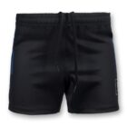 Black athletic shorts with a drawstring waistband. The shorts feature blue accents on the sides and a subtle black logo on the left leg.