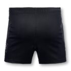 Black athletic shorts with white logos on the lower left and right sides. The shorts have an elastic waistband and are displayed from the back view against a plain white background.