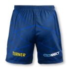 Navy blue athletic shorts with a geometric pattern and light blue lines. Yellow text reads TURNER on the left leg, and white text with a blue logo reads CONNECT on the right leg.