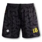Black athletic shorts with a gray dot pattern and black drawstring. A yellow 18 is printed on the lower right side, with a white logo on the left.
