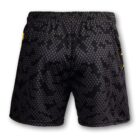 Black athletic shorts with a hexagonal pattern in shades of gray, featuring subtle yellow accents on the sides. The shorts have an elastic waistband.
