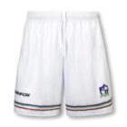 White sports shorts featuring a logo with a blue shield and stars on the right leg. The hem is decorated with green, red, and black stripes. The word BURNFOX appears on the left leg.