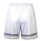 White athletic shorts with an elastic waistband and colorful stripes in green, yellow, black, red, and blue running horizontally near the hem. The shorts are plain and shown from the back.