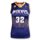 A blue basketball jersey featuring the word WOLVES in large letters across the chest. Below it is the number 32 with a city skyline design. The jersey is accented with orange trim and has logos at the top.