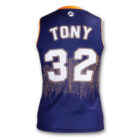 A blue sports jersey with orange accents features the name TONY and the number 32 in white on the back. The bottom of the jersey has a pattern resembling a city skyline in orange.