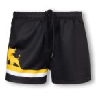 Black swim trunks featuring a yellow bull graphic on the left side above a yellow and white stripe near the hem. They have an elastic waistband and a black drawstring.