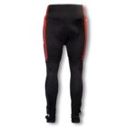Rear view of black and red cycling tights with padded seat area. The tights have vertical red stripes running down the sides, providing ergonomic support and comfort for cycling activities.
