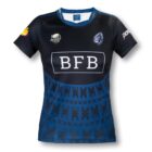 Blue and black rugby shirt with tribal patterns. Logo on the right chest, BFB in white block letters across the chest, and various sponsor logos on the shoulders.
