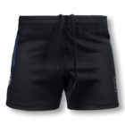 Black rugby shorts with an elastic waistband and drawstring. They have blue stripes on the sides and feature a rugby league logo on the left leg. The shorts are displayed against a white background.