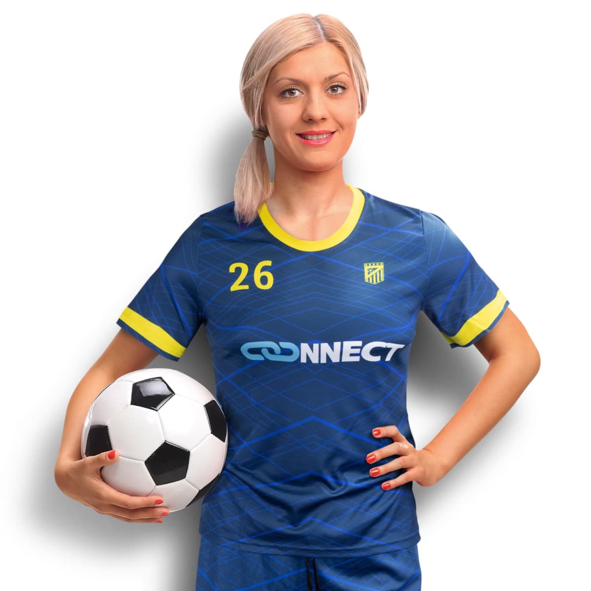 A person with light hair in a side ponytail is wearing a blue and yellow soccer jersey with the number 26 and the word Connect on it. They are smiling and holding a soccer ball under one arm, standing against a white background.