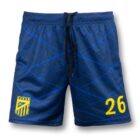 Blue athletic shorts with a subtle diagonal stripe pattern in a lighter blue, featuring a yellow sports team logo on the left and the number 26 on the right. The shorts have a black drawstring at the waist.