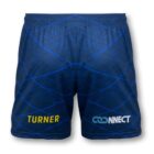 Blue athletic shorts featuring a geometric pattern. The word TURNER is printed in yellow on the left, and CONNECT with a chain link logo is on the right.