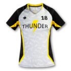 A sports jersey featuring the number 18 and the word Thunder with a yellow lightning bolt on the front. The jersey is primarily gray with black and yellow accents on the shoulders and sides.