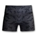 Black swim trunks with a pattern of dark grey hexagons.
