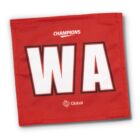 Red square cloth with large white letters WA outlined in black. Above is the word CHAMPIONS in white. Below is the word Global with a globe icon in white.