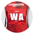 Red and black striped athletic jersey with CHAMPIONS written on the chest. A red patch labeled WA is on the back, with a small logo beneath it.