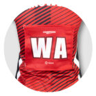 Close-up of a person wearing a red and black striped jersey with a red bib labeled CHAMPIONS and WA in bold white letters on the back. The bib has a small logo with the word Global beneath it.