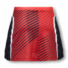 A red skort with diagonal black stripes and black side panels featuring white edges. The design is sporty and stylish, with a form-fitting silhouette.