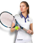 Person holding a tennis racket and a green tennis ball, wearing a white polo shirt with colored stripes on the collar. They are looking off to the side, with the text BURNFOX visible on the shirt.