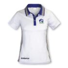 White sports jersey with blue collar and multicolored striped edges. Emblem with a shield featuring stars and a book is on the chest. BURNFOX text on the lower front.