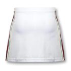 A white skirt with red, green, and brown vertical stripes on each side. The fabric appears smooth and simple, and the skirt has a straight, A-line shape.