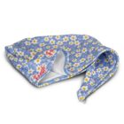 A blue hair towel wrap with a pattern of white daisies and yellow centers. The towel has a red embroidered F logo on the edge and features a button for secure fastening.