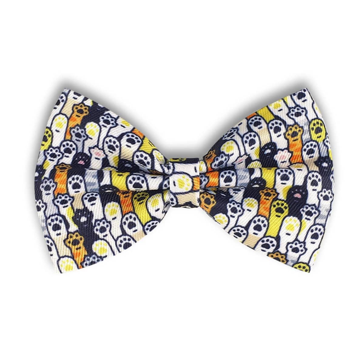 A bow tie with a pattern of small cartoon ghosts in white, yellow, and orange on a dark background. The ghosts have varying expressions and are evenly spread across the fabric.