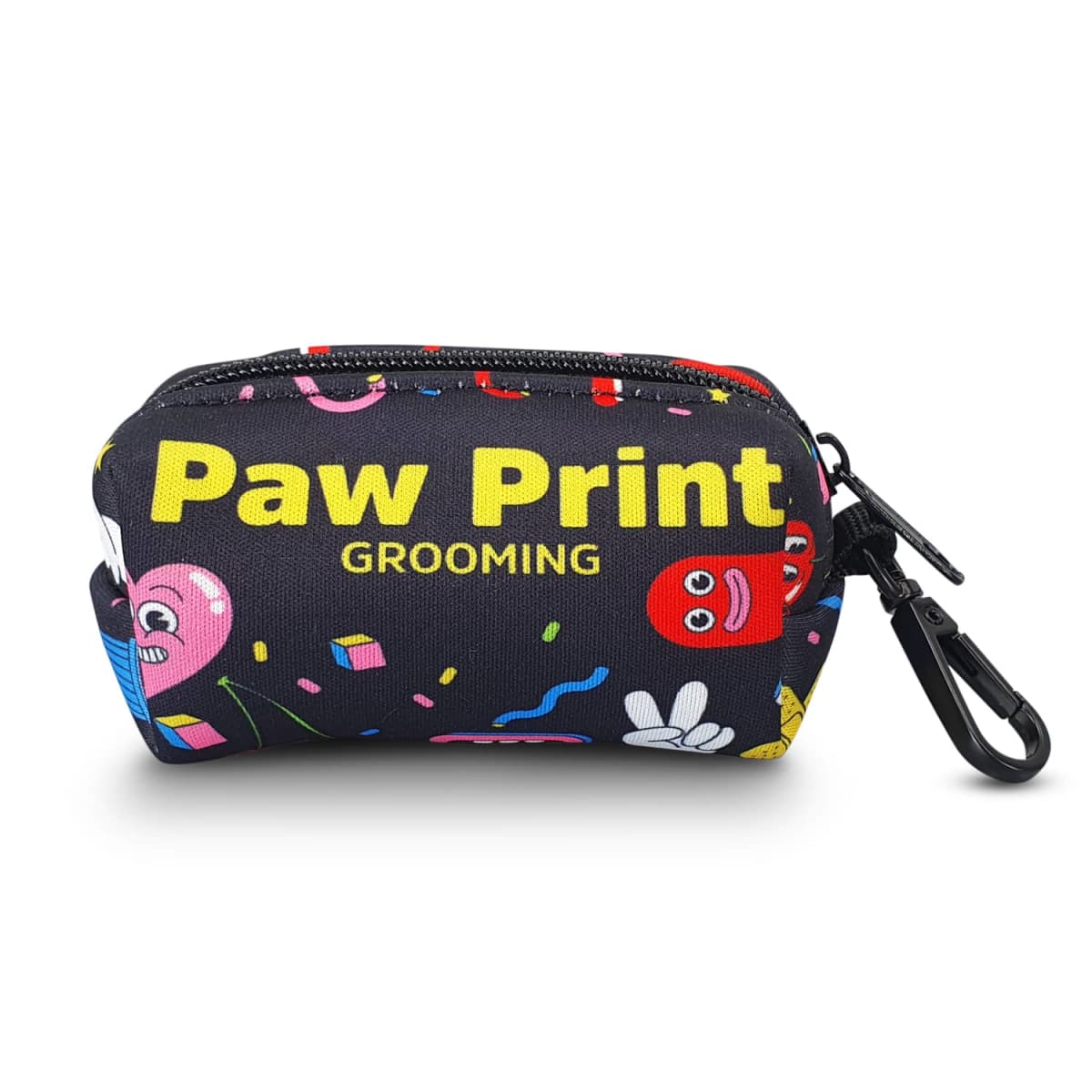 Small black pouch with colorful cartoon designs and text reading Paw Print Grooming. It has a zipper and a black carabiner clip attached on the side.