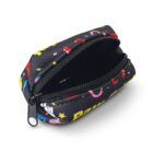 Small zipped pouch with a colorful, playful design on a black background, featuring cartoonish elements like stars, shapes, and abstract characters. The pouch is partially open, showing a visible inner compartment.