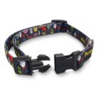 A black pet collar with colorful cartoon faces printed on it. The collar features a plastic quick-release buckle and an adjustable strap. The background is white.