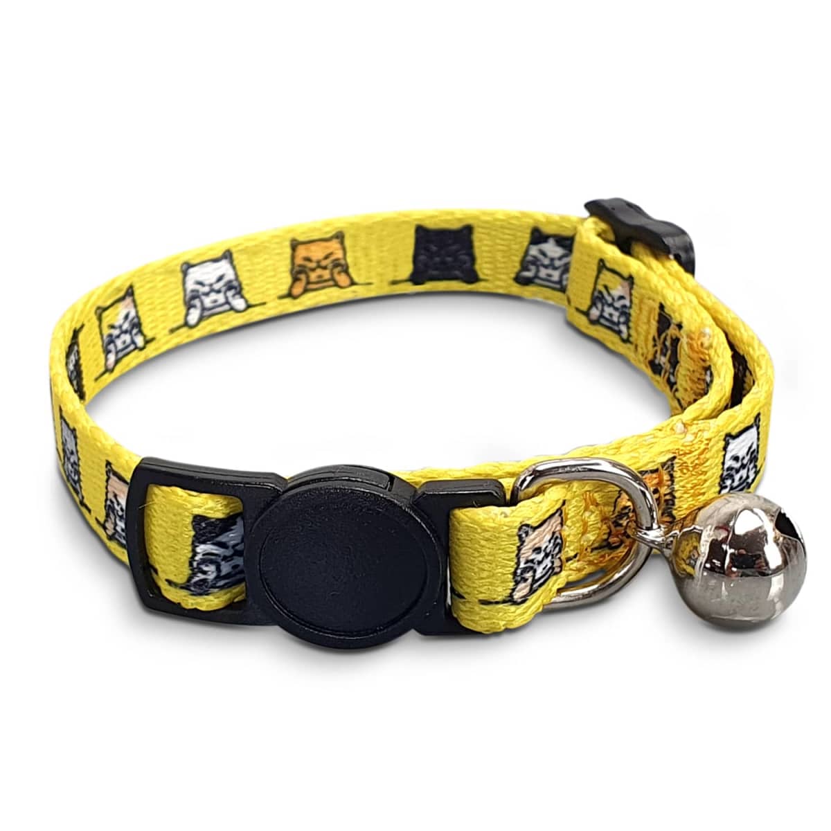 A yellow pet collar with a pattern of cartoon cat faces in various colors. It features a black plastic buckle and a metal ring holding a shiny silver bell.