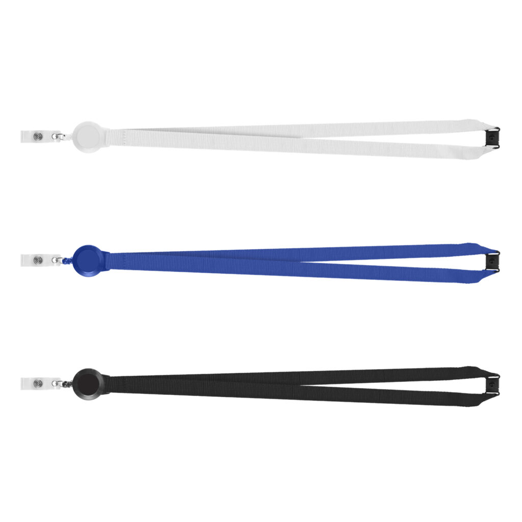 Three custom lanyards: white, blue, black, each with a badge clip.