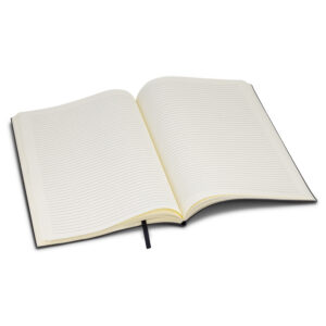 Black cover notebook with ribbon, like promotional diaries for everyday use.