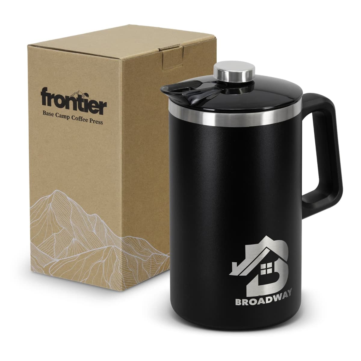 Black coffee press with Broadway logo next to box labeled Frontier Base Camp Coffee Press.