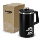 Black coffee press with Broadway logo, beside a box with mountain design.
