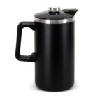 Black insulated French press with a handle on a white background.