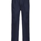 Dark navy blue tailored trousers with a button and zipper closure.
