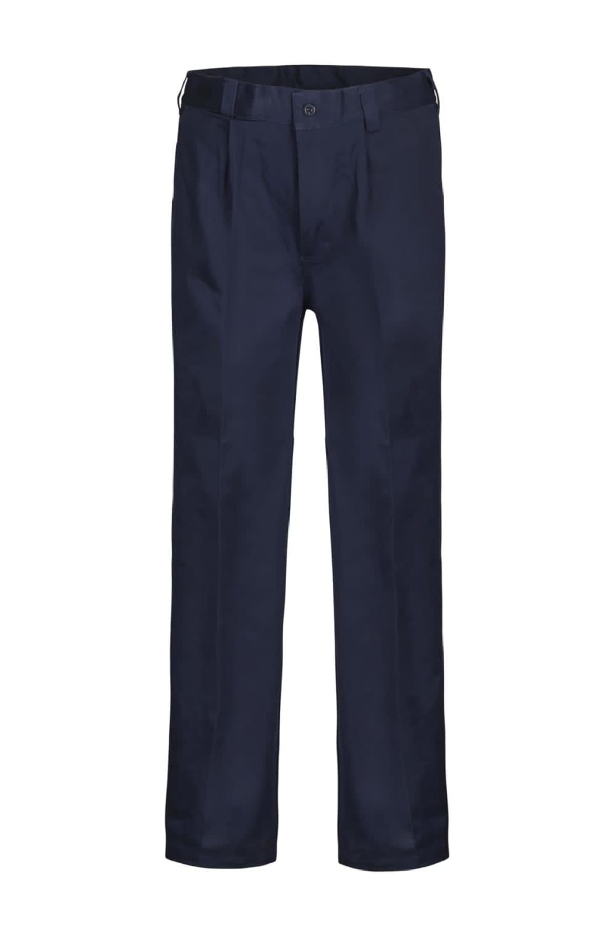 Dark navy blue tailored trousers with a button and zipper closure.