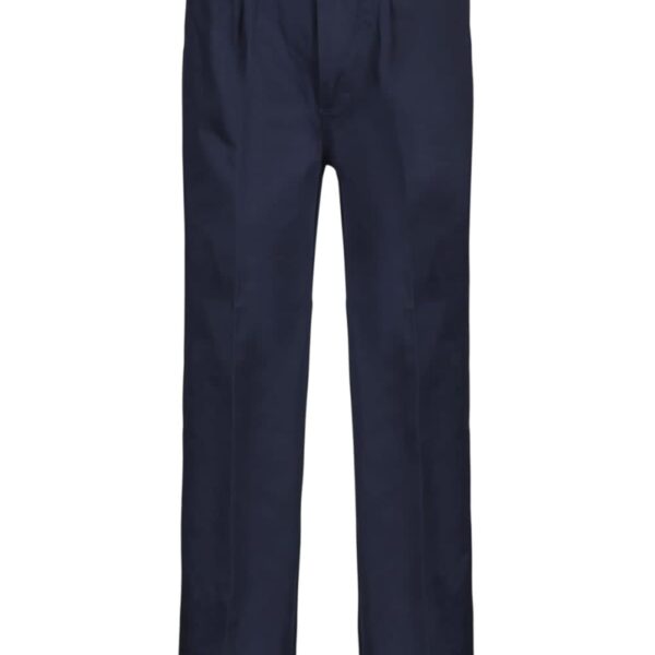 Dark navy blue dress pants, front view, isolated on white background.