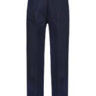 Back view of navy blue trousers with belt loops and pockets on a white background.