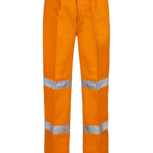 Orange trousers with reflective bands around the legs.