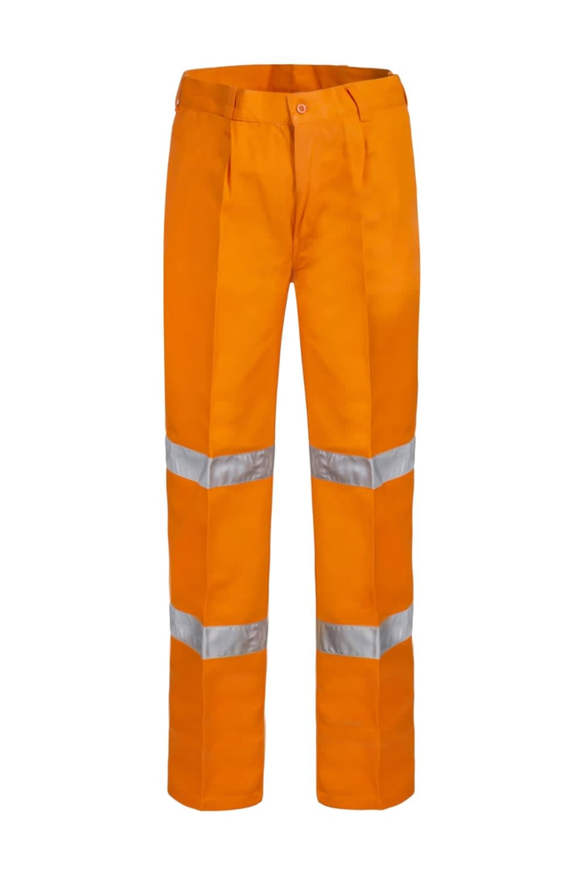 Orange high-visibility work pants with reflective silver bands.