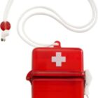 Red waterproof medical box with a white cross on the front. It has a secure clasp and is attached to a white lanyard with a small red bead.