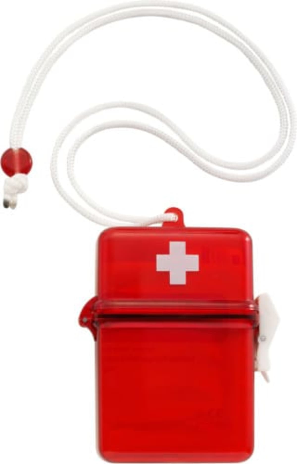 Red waterproof medical box with a white cross on the front. It has a secure clasp and is attached to a white lanyard with a small red bead.