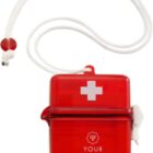 Red plastic waterproof first aid case with a white cross on the front, attached to a white lanyard with an adjustable plastic toggle. The bottom of the case is labeled Your Logo with a small flower icon.